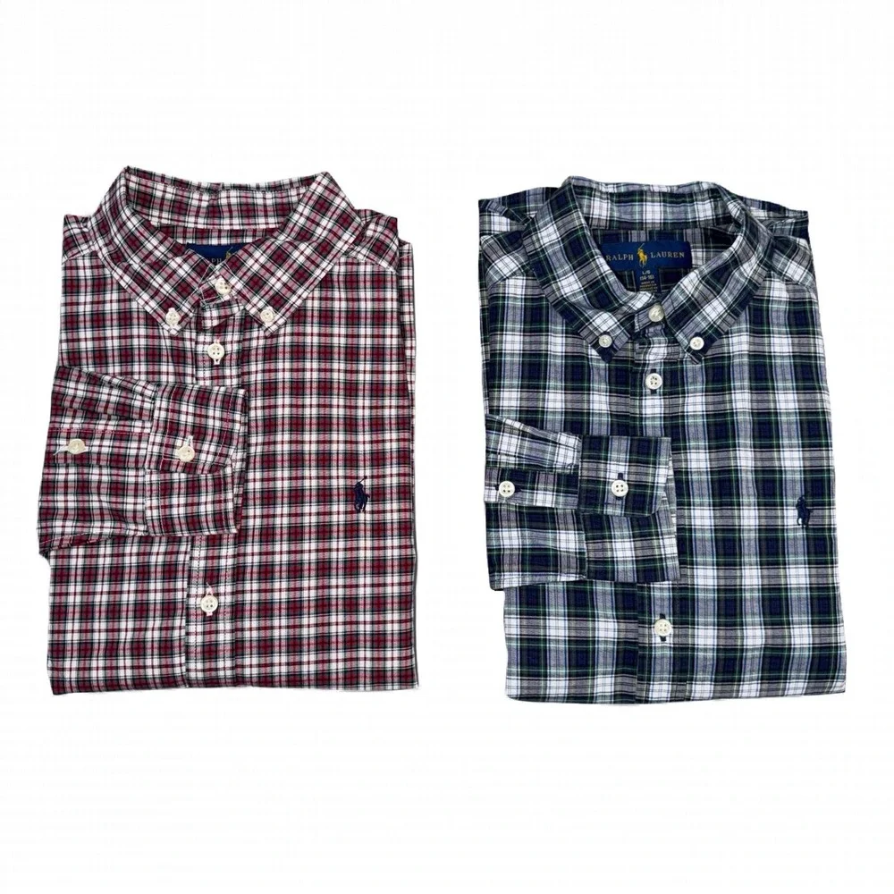Lot Of 2 Ralph Lauren Boys‎ Large 14-16 Button-Down Plaid Red Blue Shirts Pony